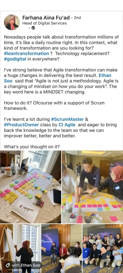 LinkedIn post by Farhana Aina Fu'ad, Head of Digital Services, about mindset change in Ethan Soo's class