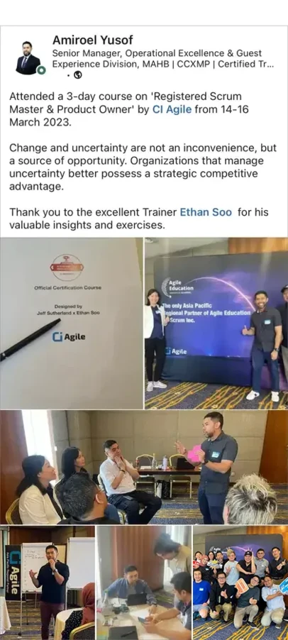 LinkedIn post by Amiroel Yusof, Senior Manager at MAHB, thanking trainer Ethan Soo