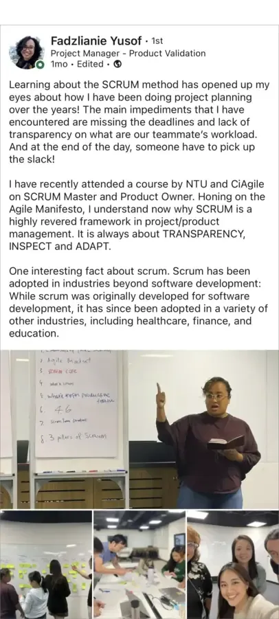 LinkedIn post by Fadzlianie Yusof, Project Manager, about missed deadlines and workload transparency before training with Ethan Soo