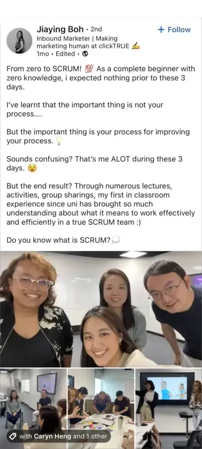 LinkedIn post by Jiaying Boh about learning to work effectively in a team, with class photos
