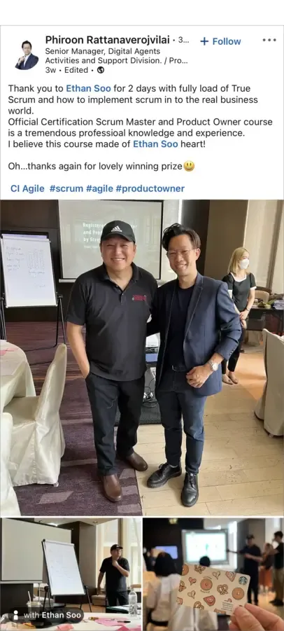 LinkedIn post by Phiroon Rattanaverojvilai, Senior Manager, thanking Ethan Soo after a 2-day class