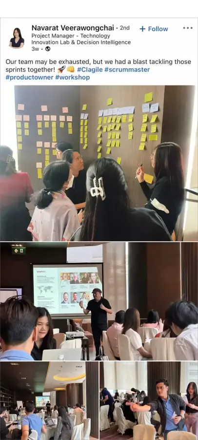 LinkedIn post by Navarat Veerawongchai, Project Manager, with workshop photos from a CI Agile class