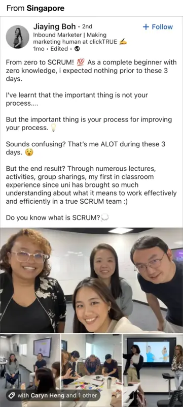 From zero to SCRUM! 100 As a complete beginner with zero knowledge, i expected nothing prior to these 3 days. I've learnt that the important thing is not your process. But the important thing is your process for improving your process.